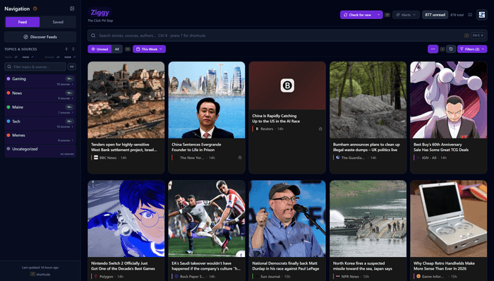 The Ziggy reading app: a chronological feed of stories from RSS, Substack, YouTube, and podcast sources, with a topics and sources sidebar.